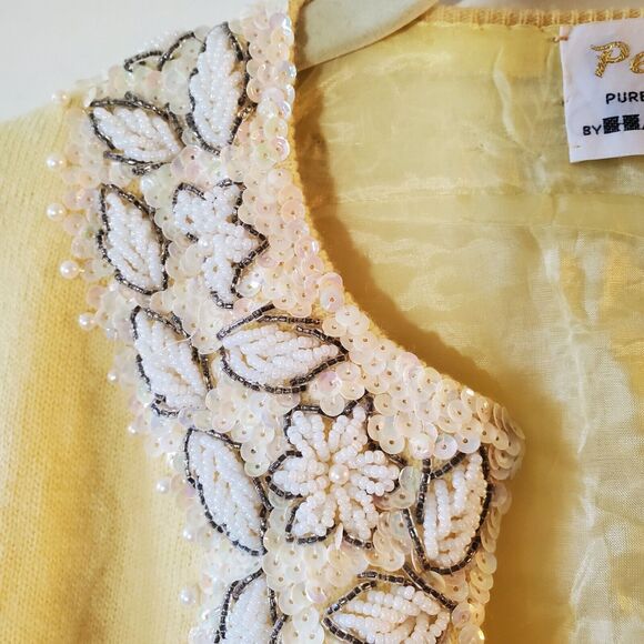 Peters By Harilela's Size 38 Yellow Beaded Cashmere Vintage Cardigan Sweater - Picture 6 of 12